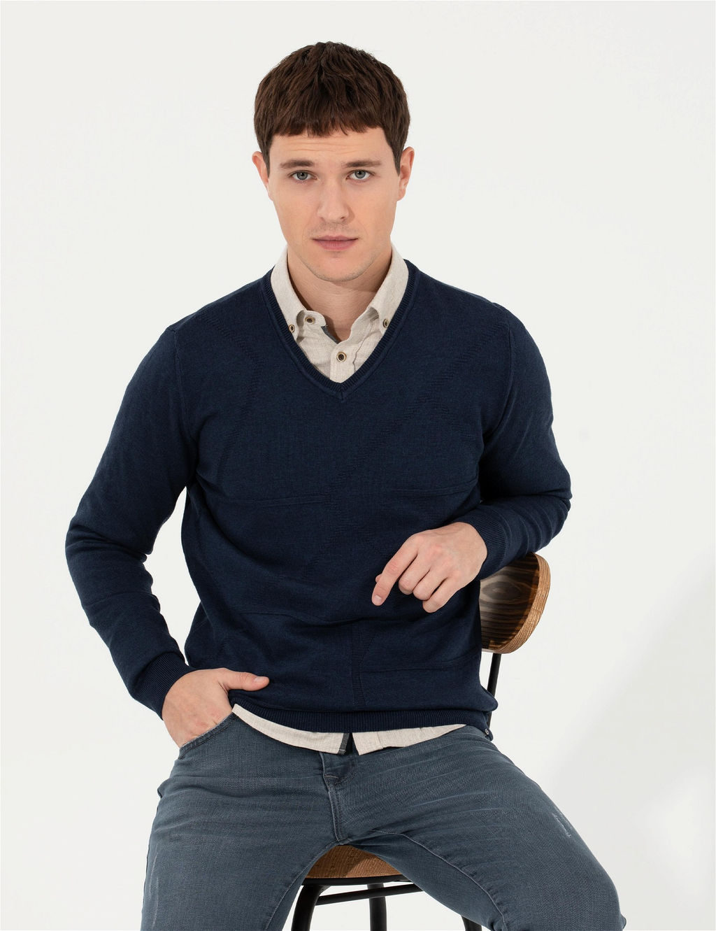 Lacivert Slim Fit V Yaka Triko Kazak - Pierre cardin фото 4