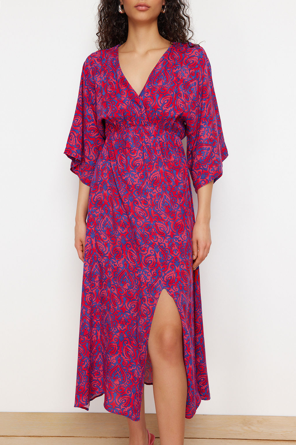 Cok Renkli Etnik Desenli A Kesim Kruvaze Yaka Midi Dokuma Elbise DWOSS24EL00913 - Trendyolmilla фото 8