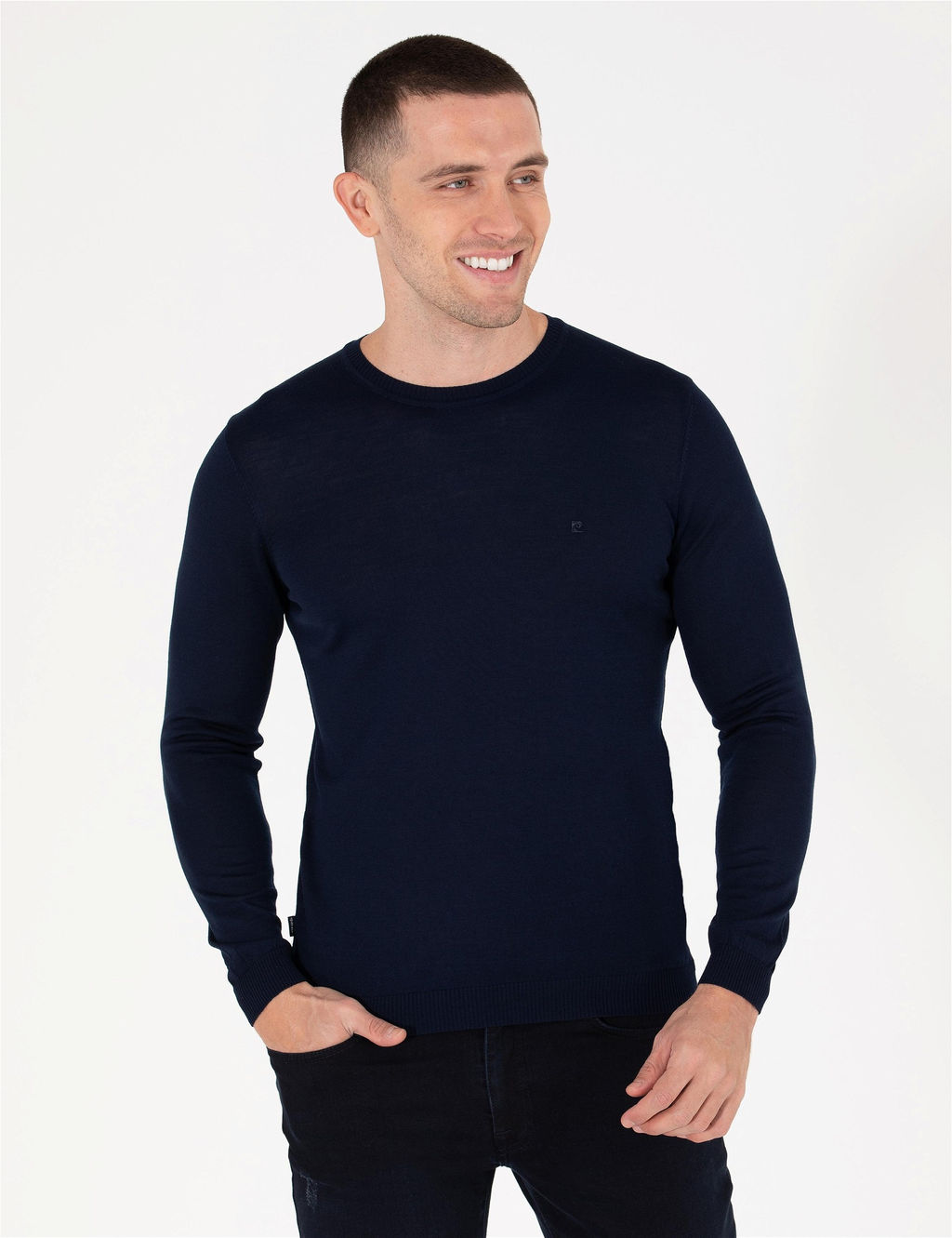 Lacivert Slim Fit Bisiklet Yaka Y_n Kar___ml_ Basic Triko Kazak