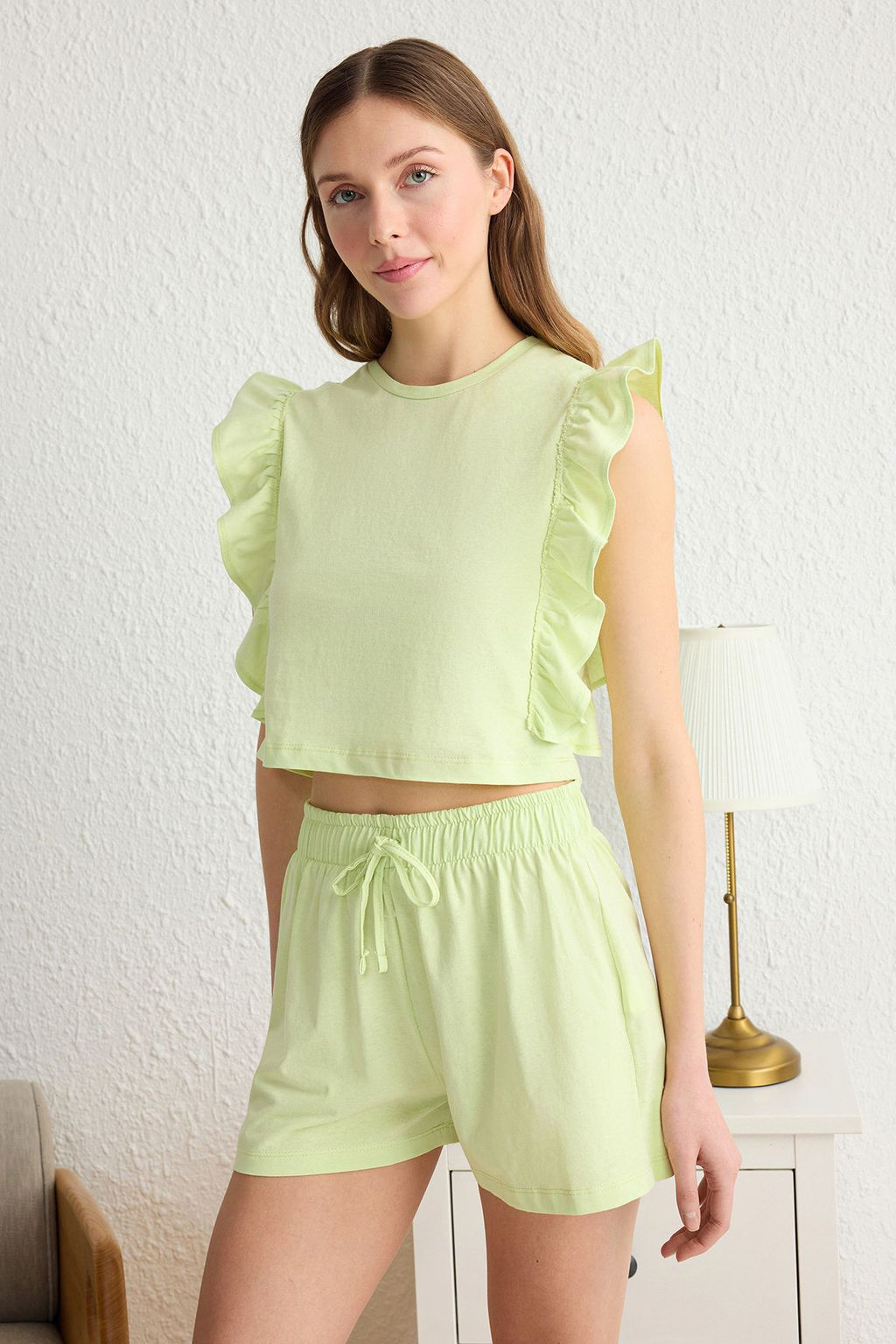 Trendyolmilla Pembe %100 Pamuklu F?rf?rl? Sortlu Orme Pijama Tak?m? THMSS23PT00175  фото 13