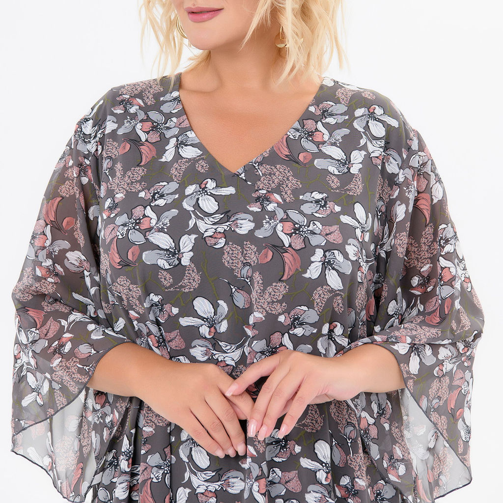 Туника свободная, шифон, принт цветочный, фон ореховый
