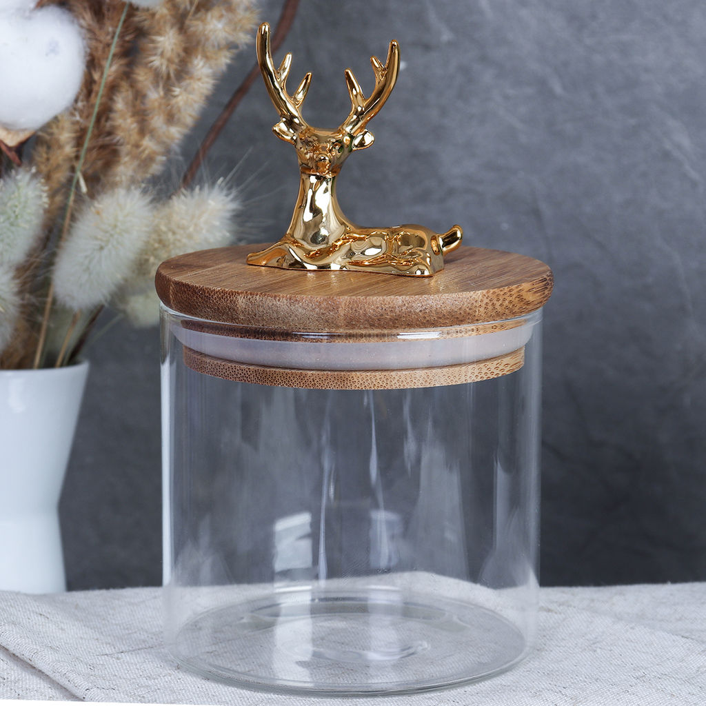 Банка для сыпучих бамбуковая крышка с фигуркой 350 мл 8х8 см / 9858 /уп 150/ новогодняя