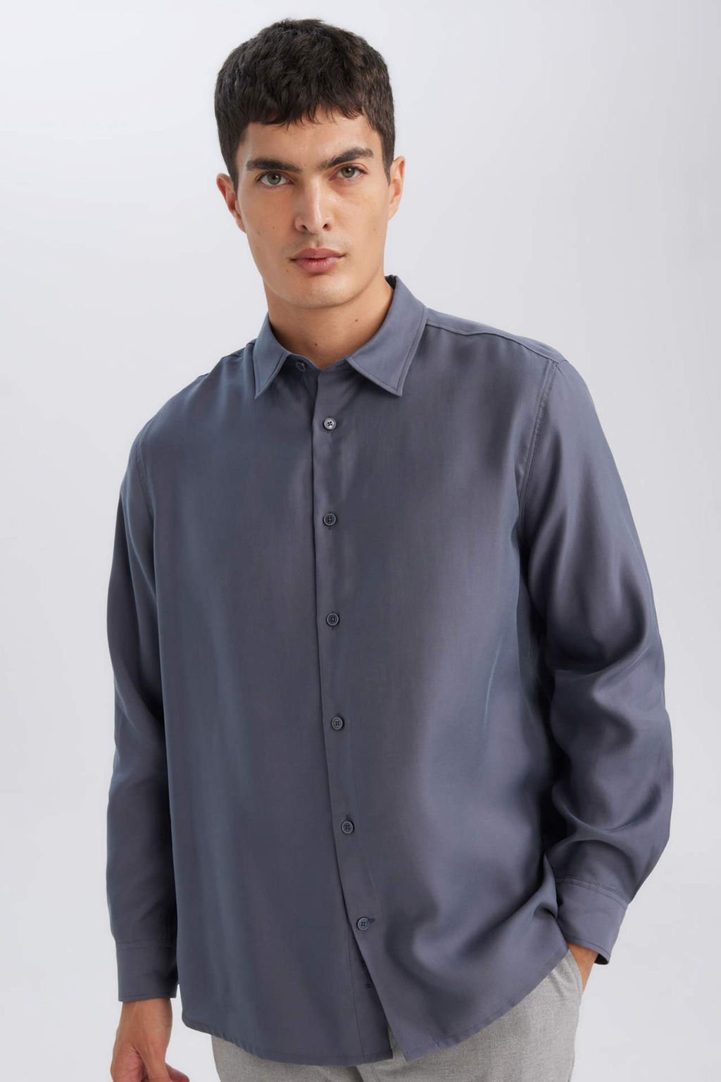 Siyah Relax Fit Polo Yaka Twill Modal Kar?s?ml? Basic Duz Uzun Kollu Gomlek - Defacto фото 2