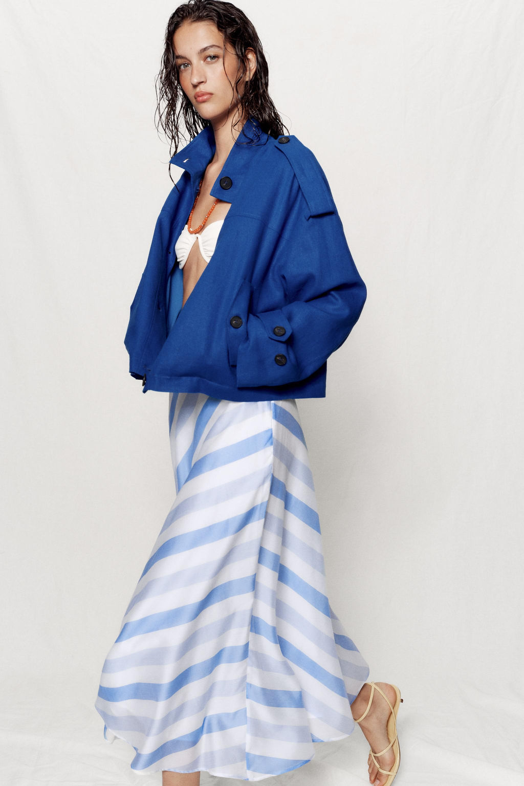 FALDA MIDI RAYAS / Azul / Blanco - Zara фото 3
