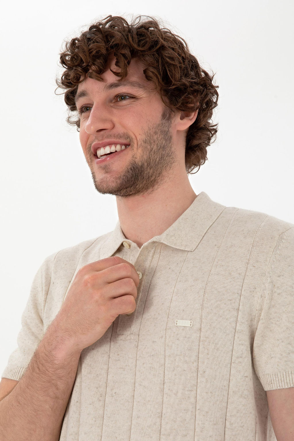 Erkek Slim Fit Polo Yaka Krem Triko Ti__rt