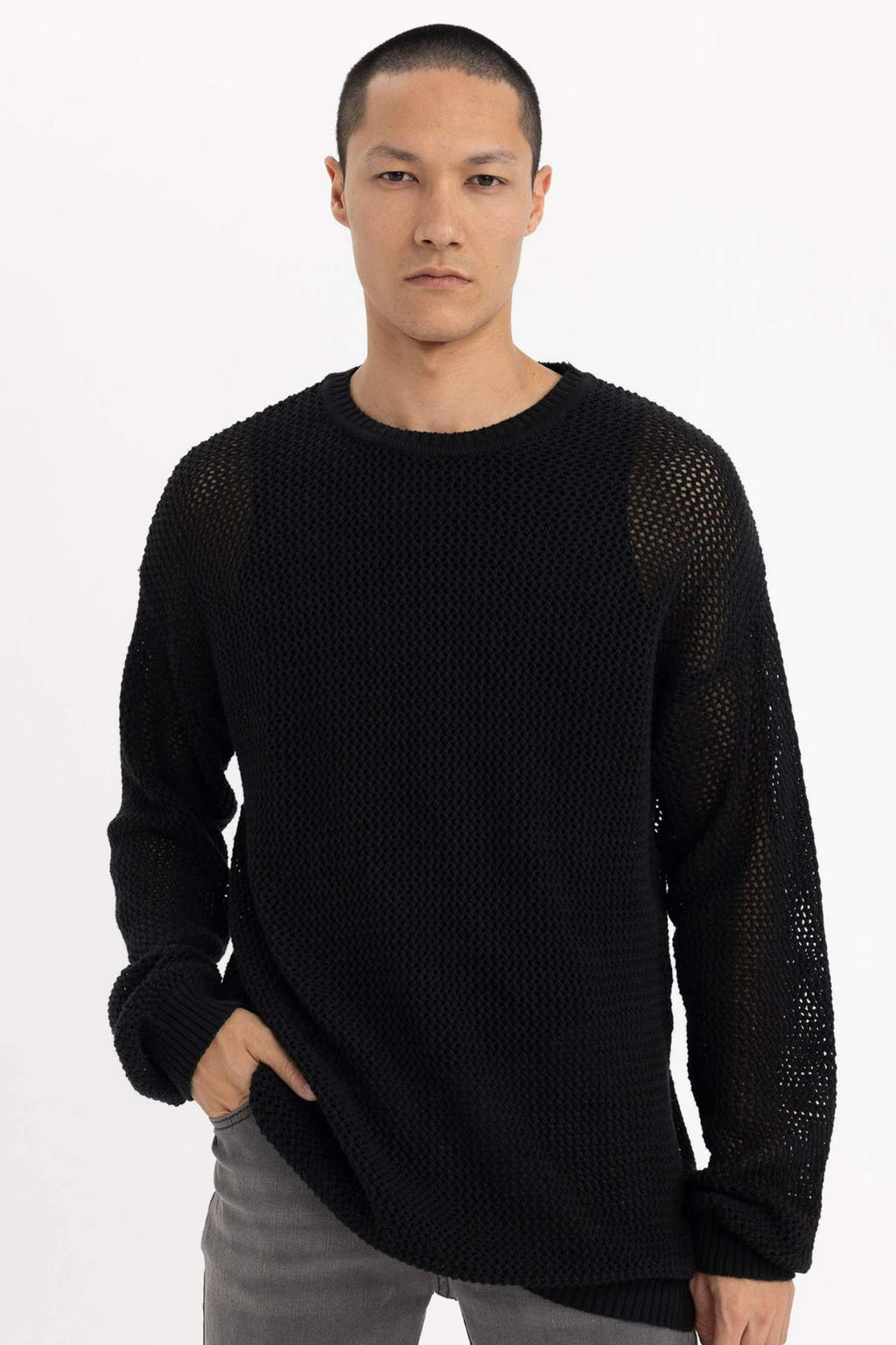 Regular Fit Bisiklet Yaka Krose Delikli Triko Sweatshirt - Defacto фото 2