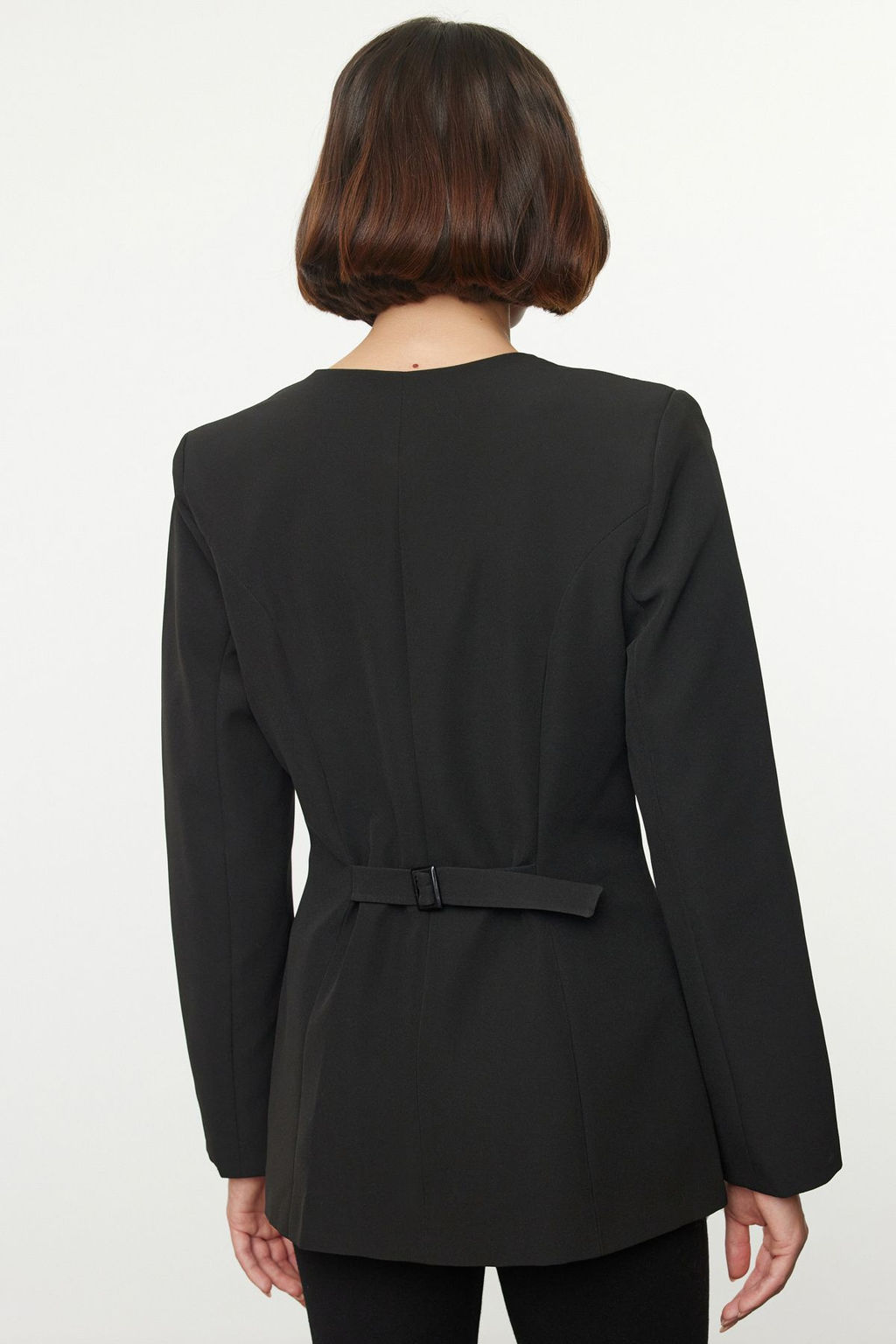 TRENDYOLMILLA Siyah Yuvarlak / Bisiklet Yakal? Fitted Bele Oturan Dokuma Blazer Ceket TWOAW25BC00009  фото 5