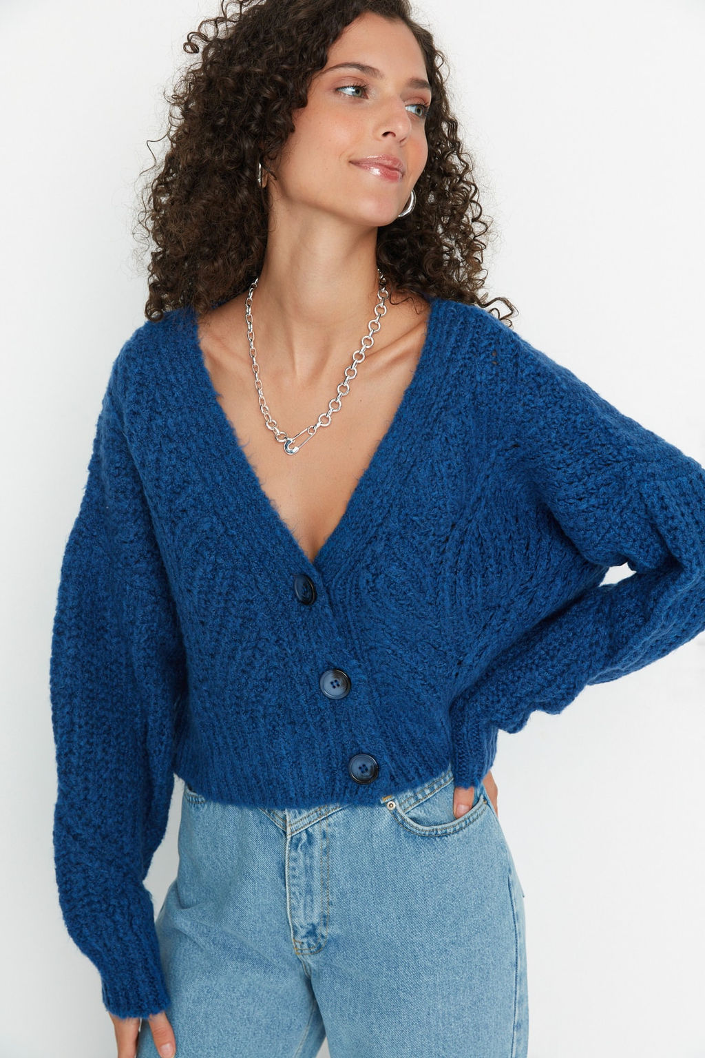 Indigo Yumusak Dokulu Crop Triko H?rka TWOAW21HI0017