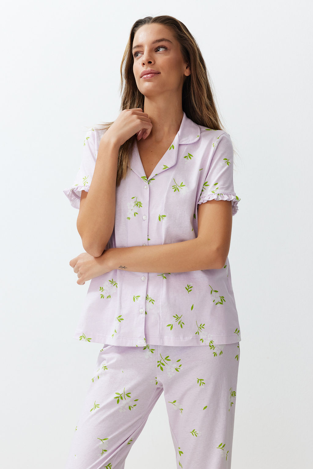 Trendyolmilla Mint %100 Pamuklu Cicekli F?rf?rl? Orme Pijama Tak?m? THMSS24PT00227  фото 3