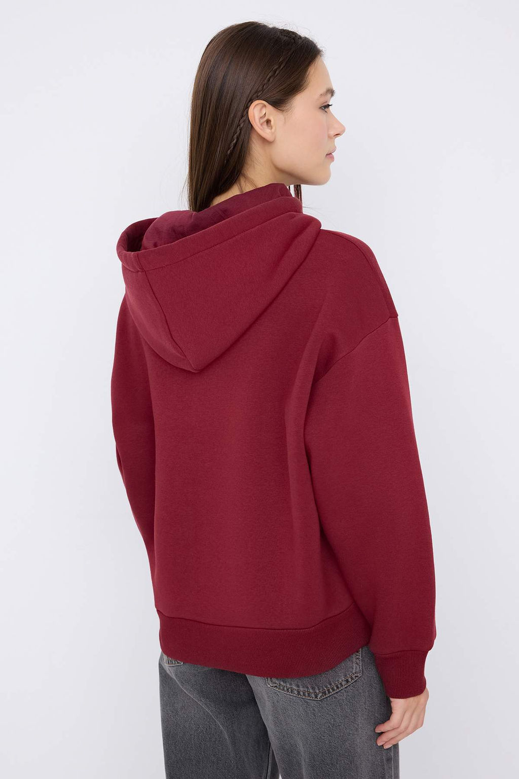 Teen Bordo Kapusonlu Kal?n Ici Polarl? Yar?m Pat Fermuarl? Cepli Orme Sweatshirt TWOAW26SW00160 - Trendyolmilla фото 16