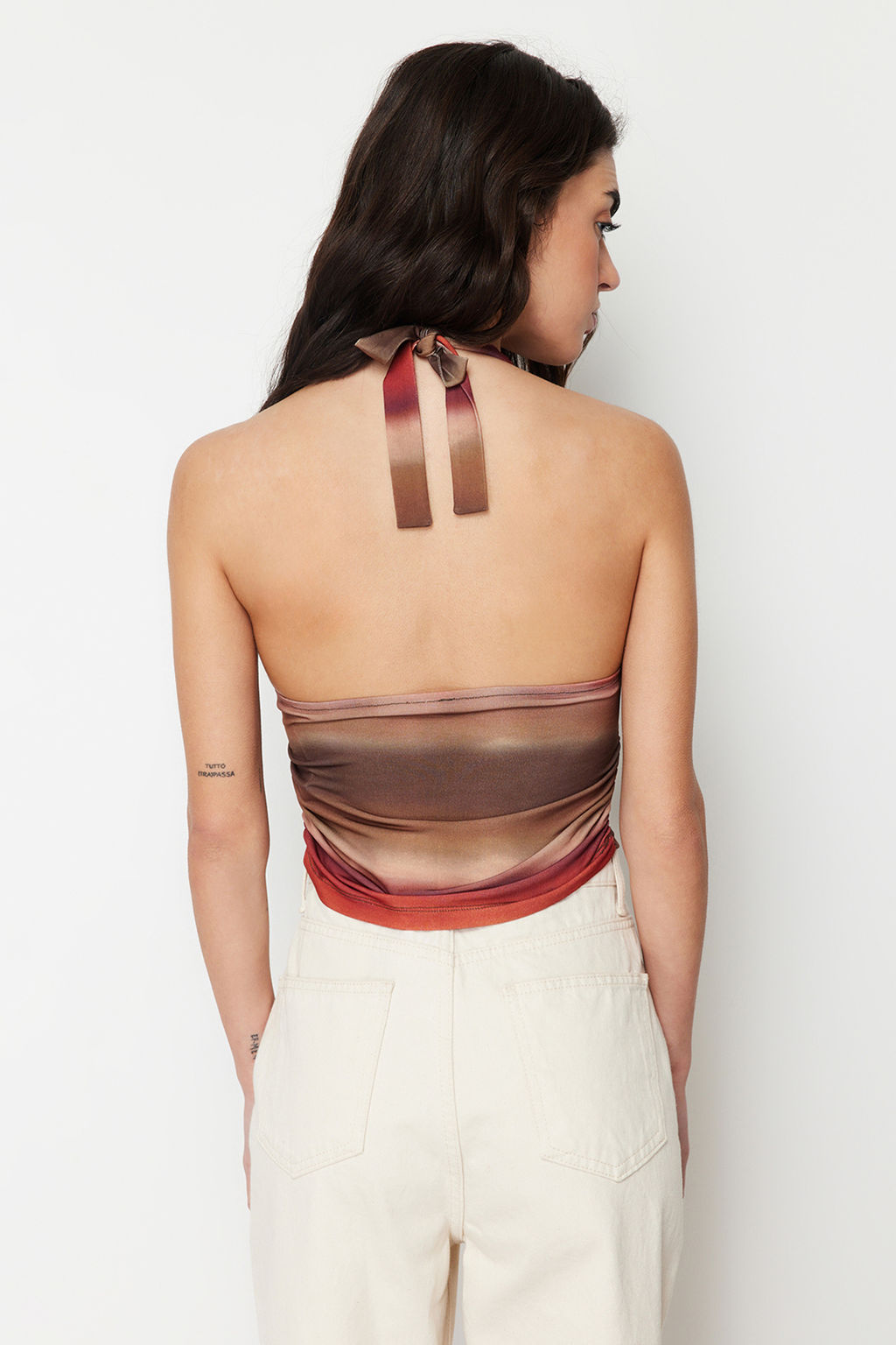 Cok Renkli Boyundan Baglamal? Vucuda Oturan Desenli Crop Esnek Orme Bluz TWOSS24BZ00061
