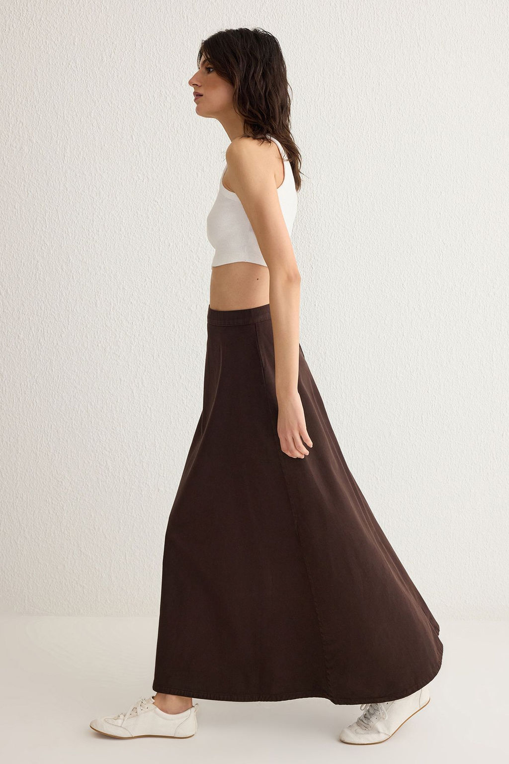 Kahverengi Volanl? Maxi Denim Etek TWOSS25ET00005