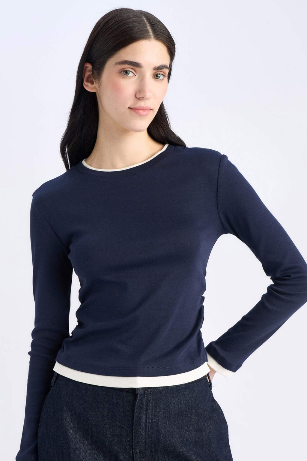 Slim Fit Dar Kesim Bisiklet Yaka Basic Duz Ribana Uzun Kollu Tisort - Defacto фото 2