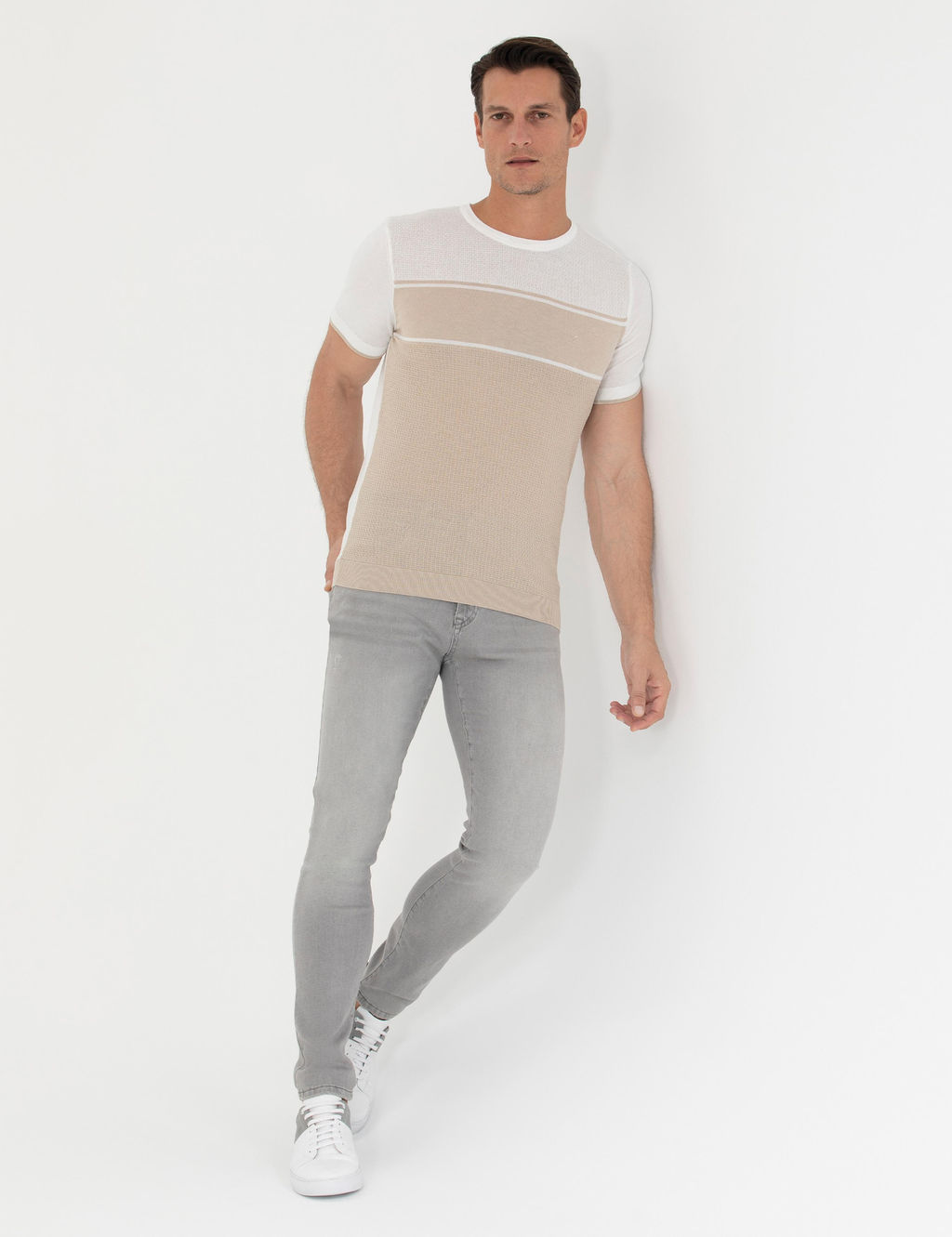 Bej Slim Fit Bisiklet Yaka Triko T-Shirt