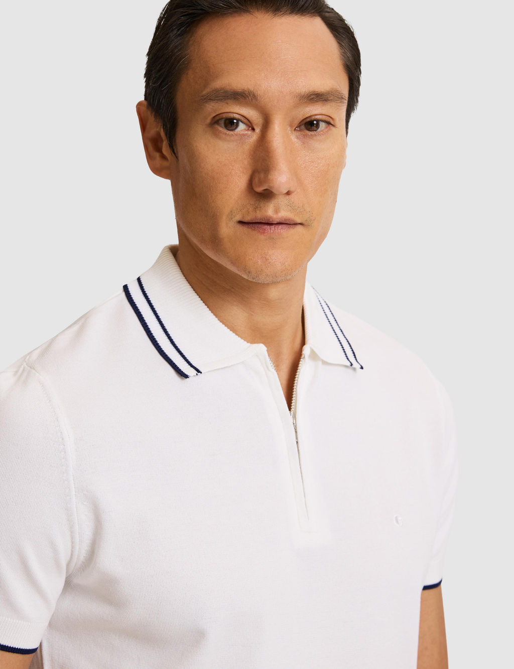 Beyaz Slim Fit Fermuarl_ Polo Yaka Triko T-shirt