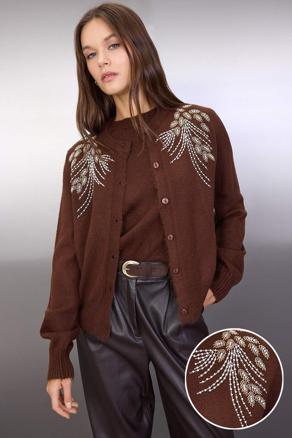 Kahverengi 2li Yun Kar?s?ml? Tas Islemeli Premium Iplik/Ozel Iplik Triko Bluz H?rka TWOAW26HI00200 - Trendyolmilla фото 5