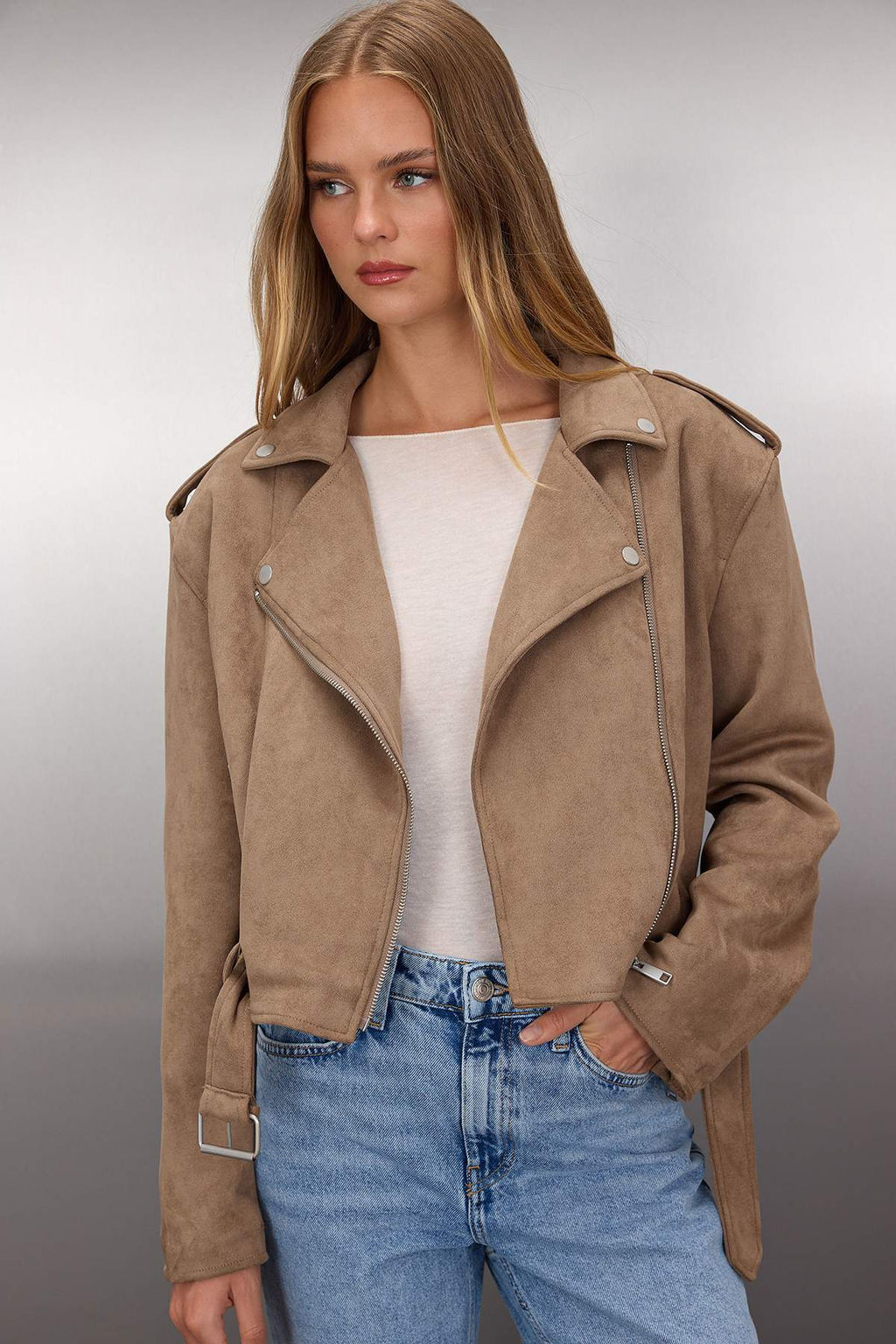 Vizon Regular Kal?p Suet Biker Ince Ceket Mont TWOAW26MO00017 - Trendyolmilla фото 2