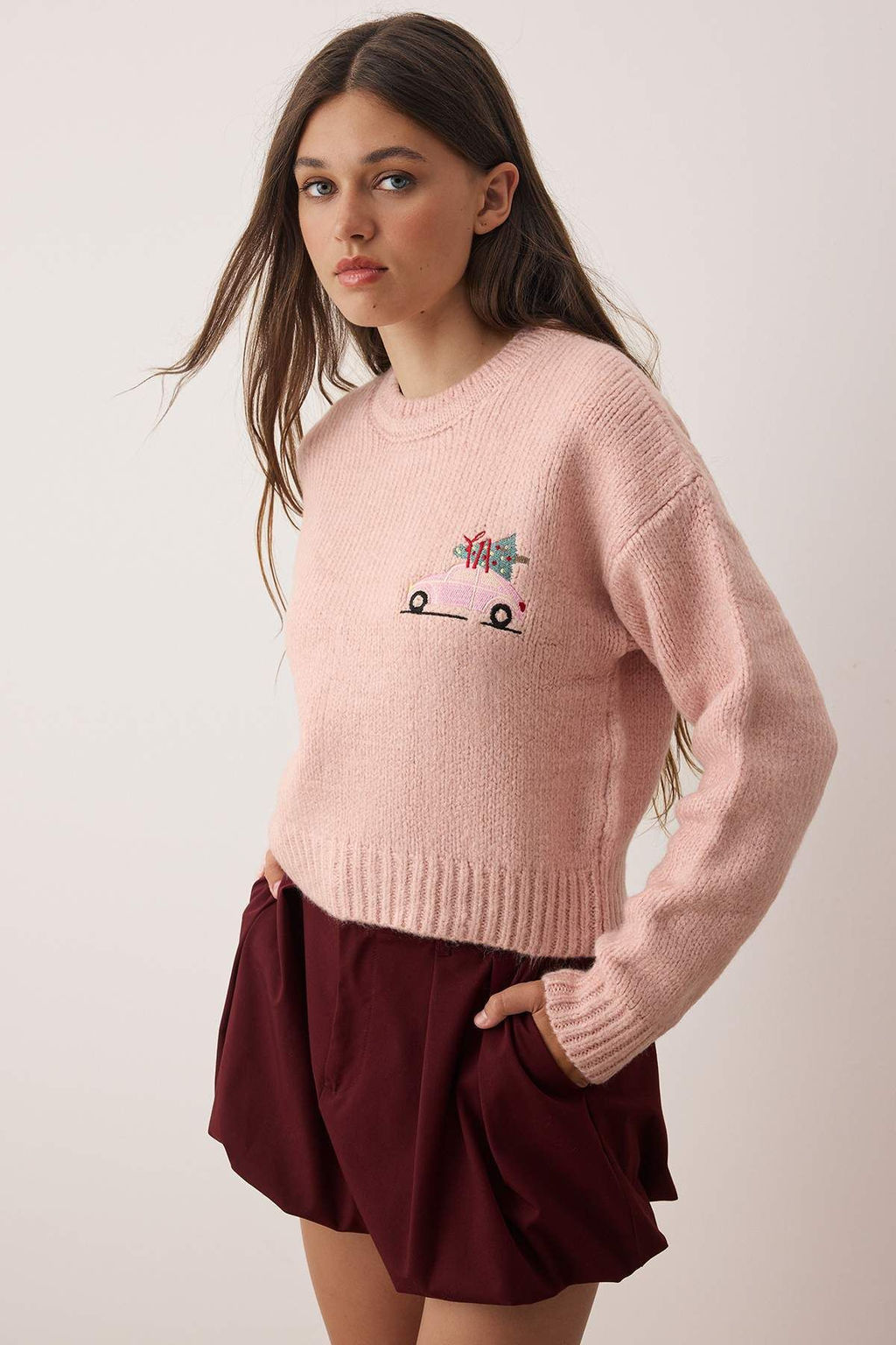 Pembe Y?lbas? Temal? Yumusak Dokulu Crop/K?sa Triko Kazak TWOAW26KZ00174