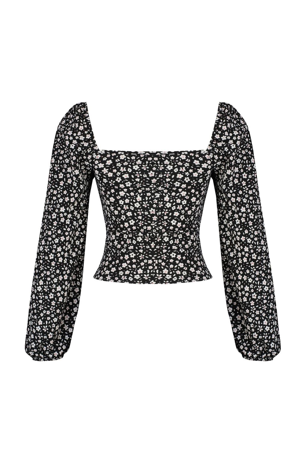 Trendyolmilla Siyah Cicek Desenli Fitted/Vucuda Oturan Kare Yaka Burumcuk/Dokulu Orme Bluz TWOAW22BZ0254 фото 8