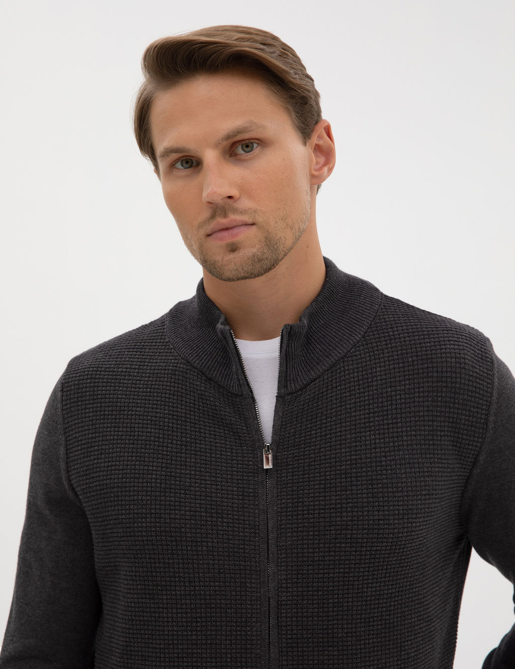 Koyu Antrasit Melanj Slim Fit Fermuarl_ Triko H_rka