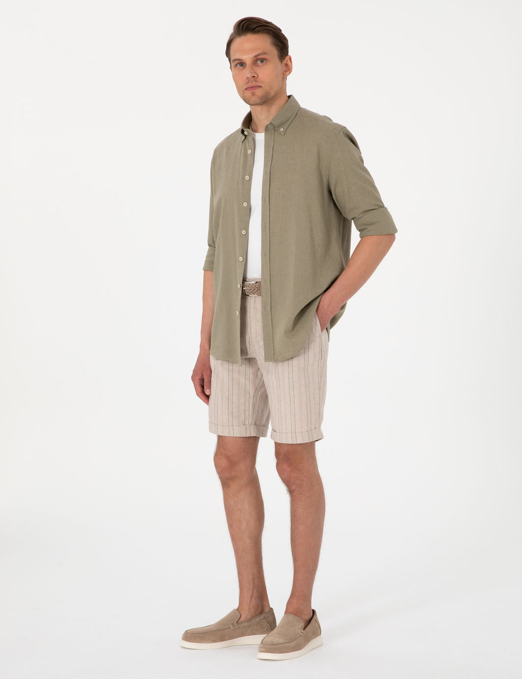 Haki Slim Fit Keten Kar___ml_ _izgili Dokuma _ort