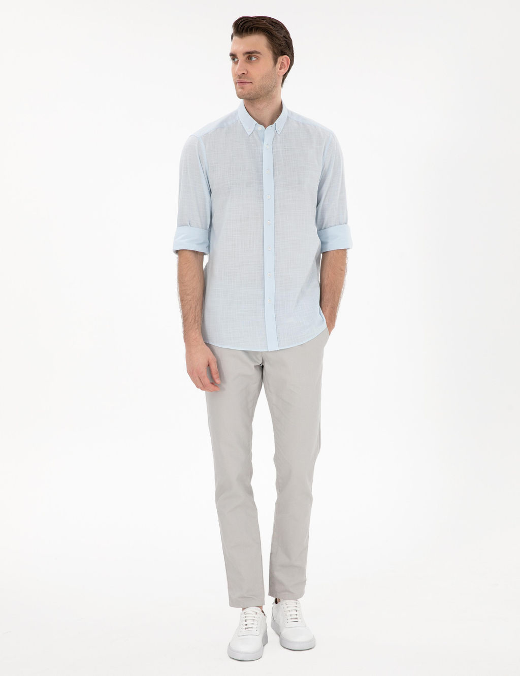 A__k Mavi Keten G_r_n_ml_ Slim Fit Uzun Kollu G_mlek - Pierre cardin фото 4