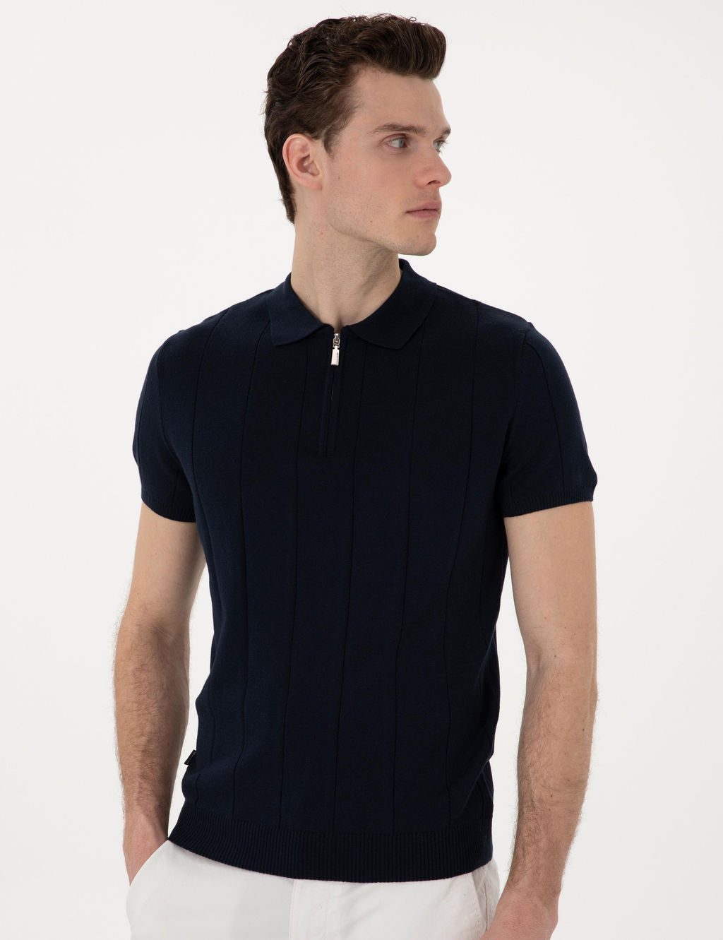 Lacivert Slim Fit Fermuarl_ Polo Yaka Triko Ti__rt
