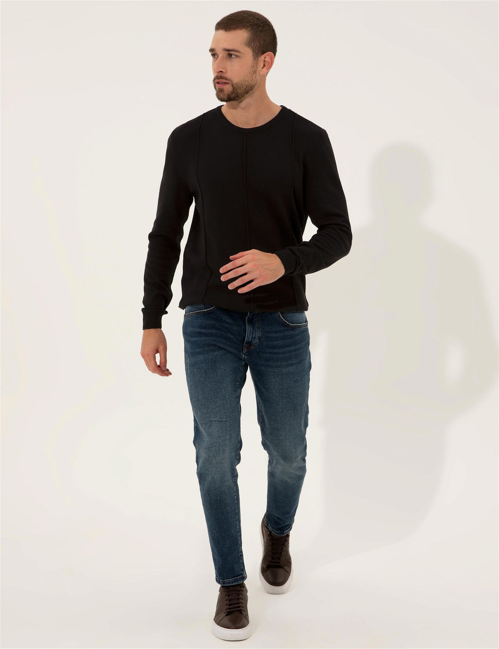 Siyah Slim Fit Bisiklet Yaka Triko Kazak