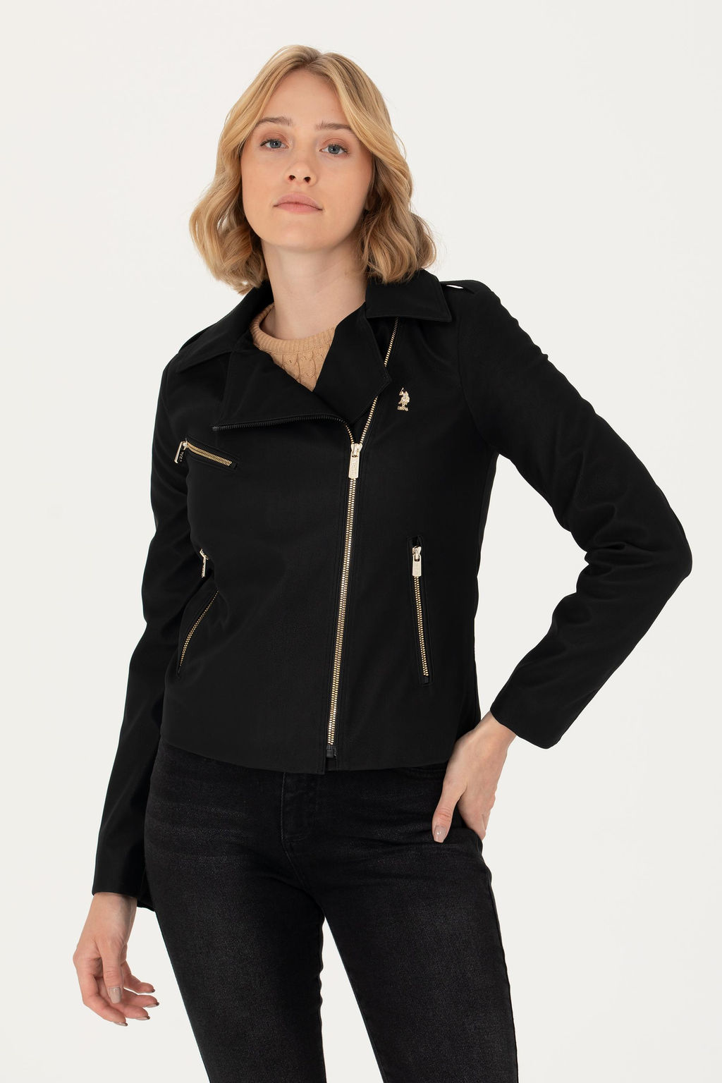 Женская черная кожаная куртка - U.s. polo assn фото 8