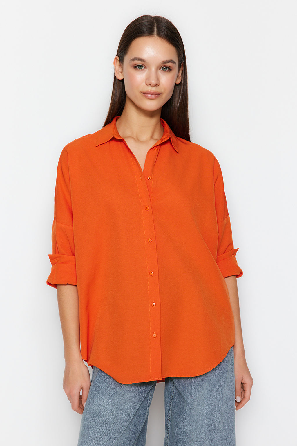 Turuncu Pamuklu Oversize Genis Kal?p Dokuma Gomlek TWOSS22GO0669