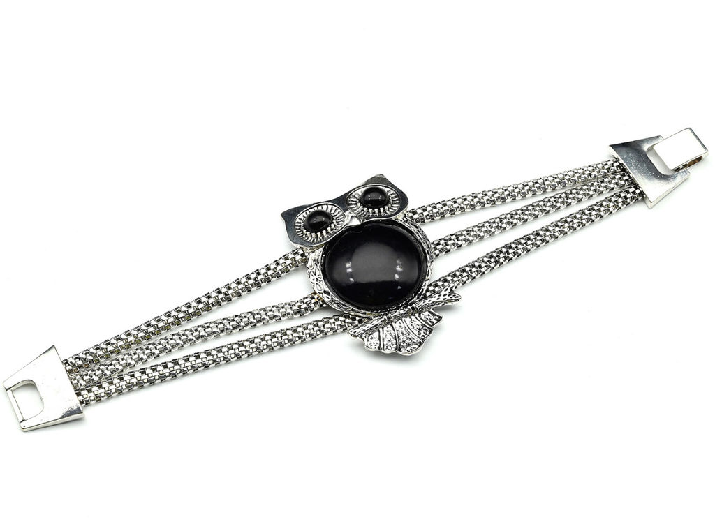 Браслет на металлической основе "Сова" с агатом черным (имитация), 21см