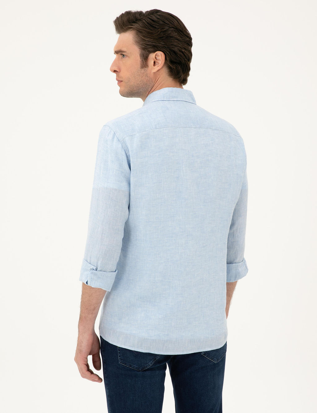 Синяя льняная рубашка классического кроя - Cacharel фото 5