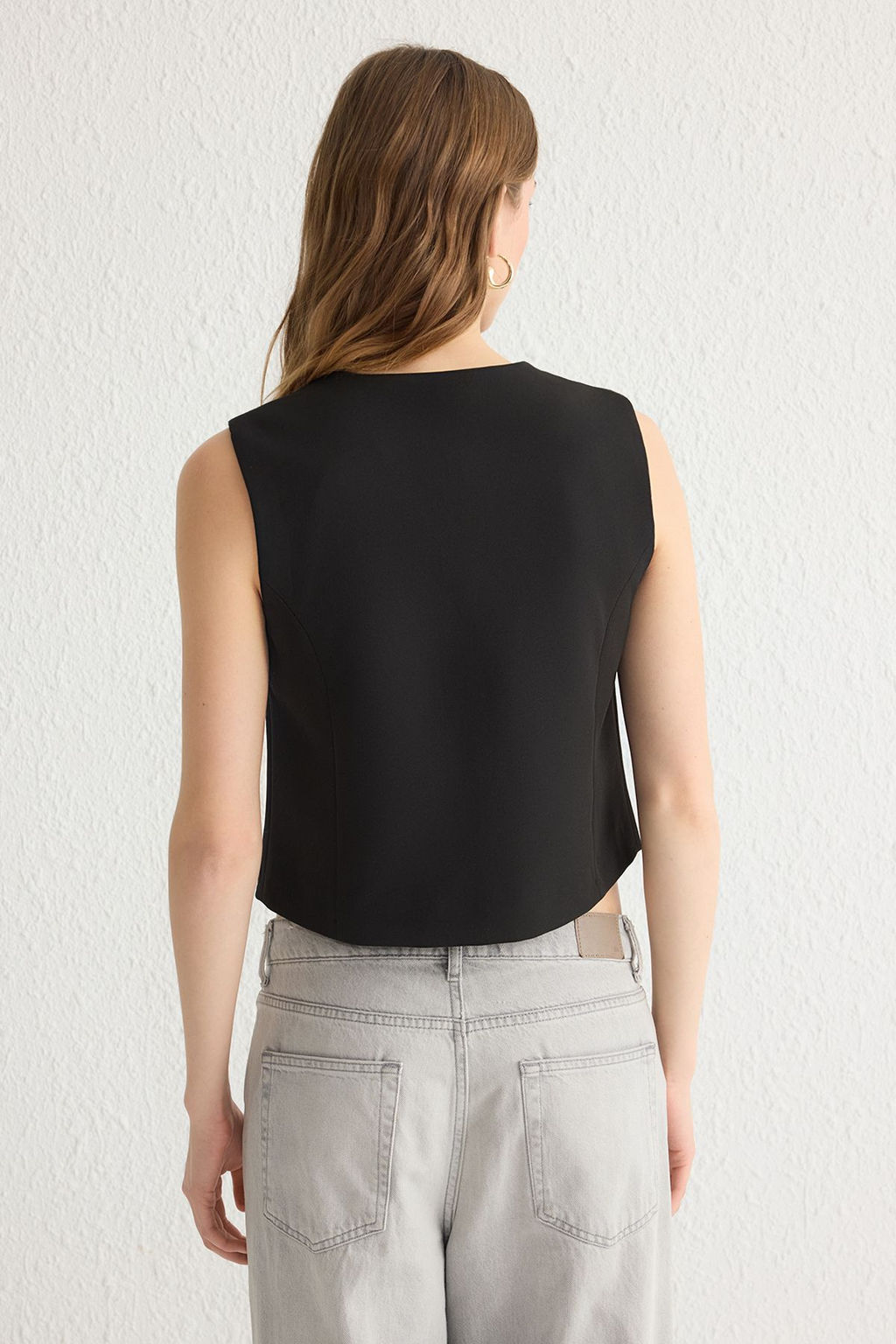 Siyah Fitted Crop Kalpli Dugmeli Dokuma Yelek TWOSS25YE00015