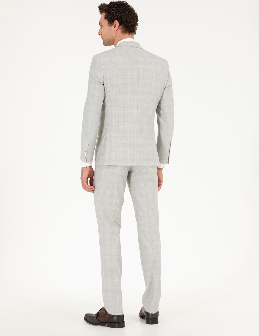 Gri Slim Fit Kareli Tak_m Elbise