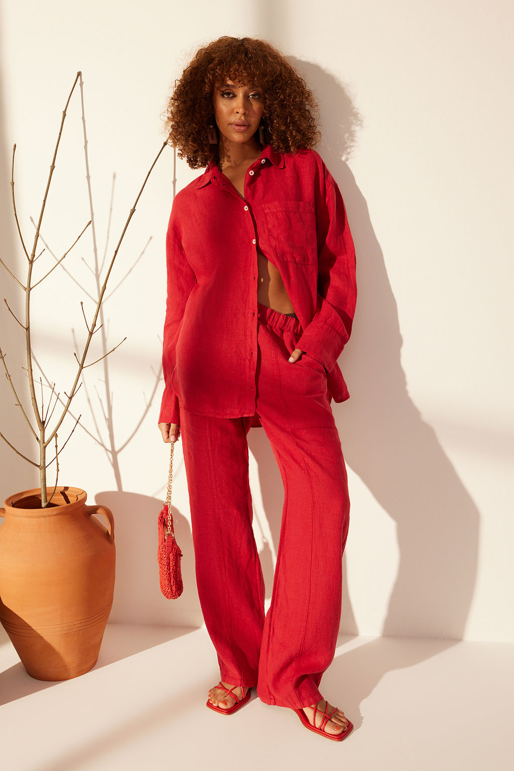 K?rm?z? %100 Keten Oversize Gomlek TWOSS23GO00443