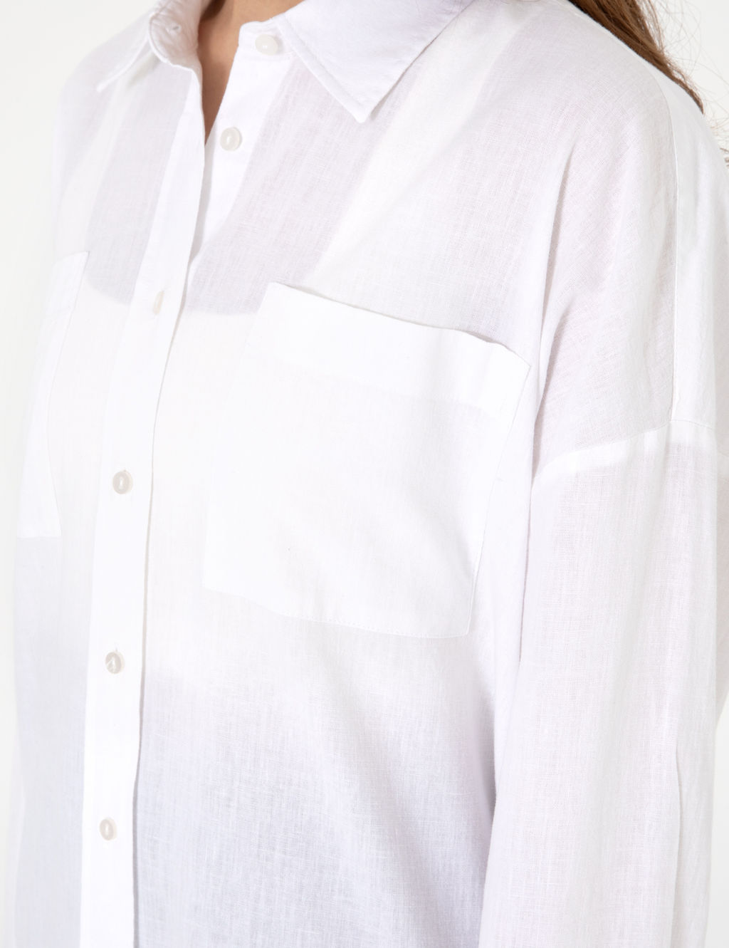 Beyaz Oversize Keten Kar___ml_ Uzun Kollu G_mlek