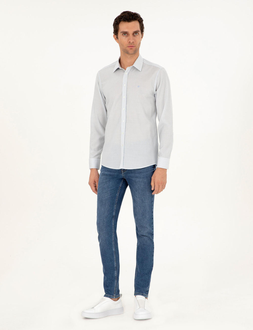 Синяя шерстяная рубашка приталенного кроя в полоску - Cacharel фото 4