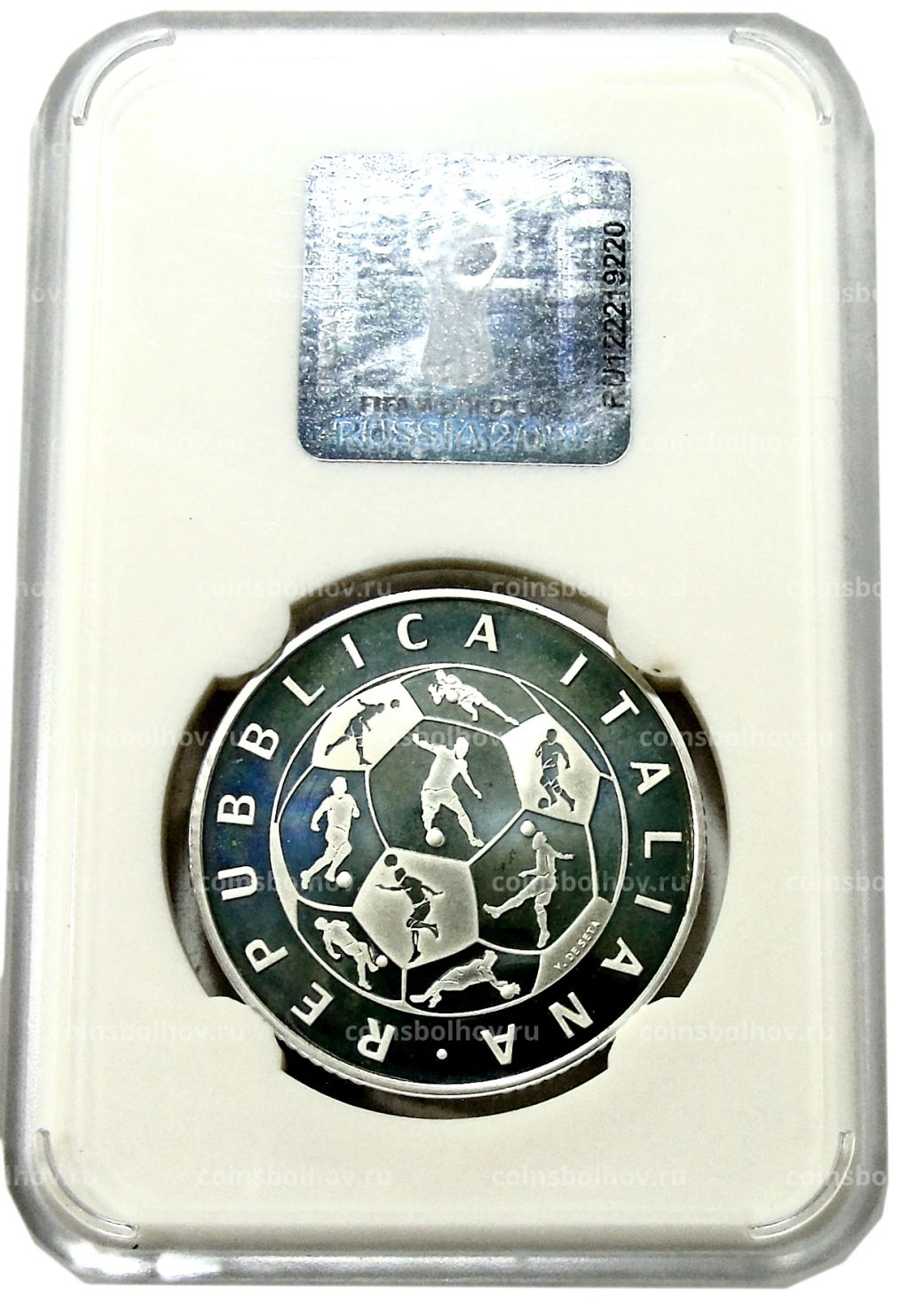 Монета 10 евро 2018 года Италия Чемпионат мира по футболу 2018, Россия (в слабе)