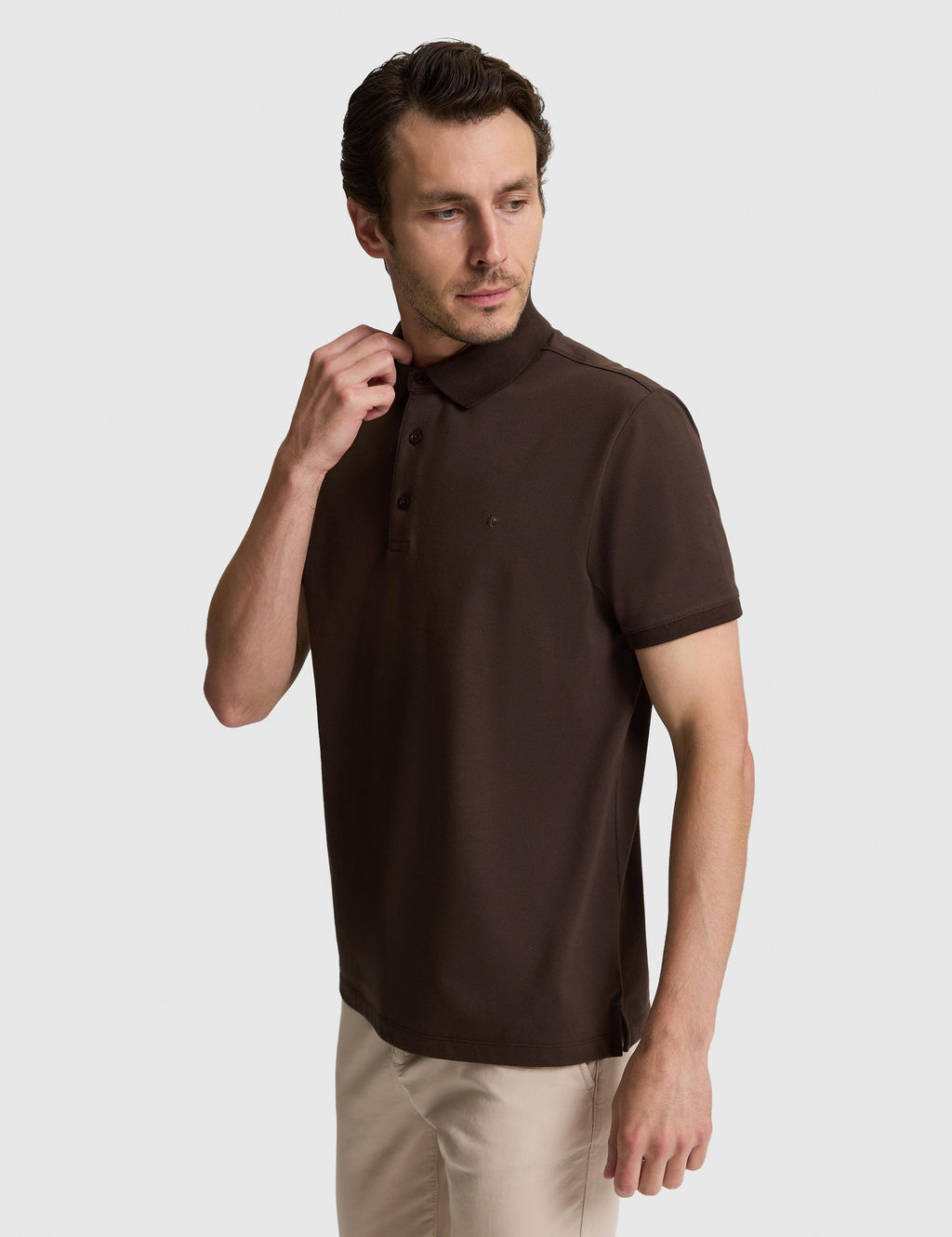 Kahverengi Slim Fit Pamuk Kar___ml_ D__meli Polo Yaka Basic T-shirt
