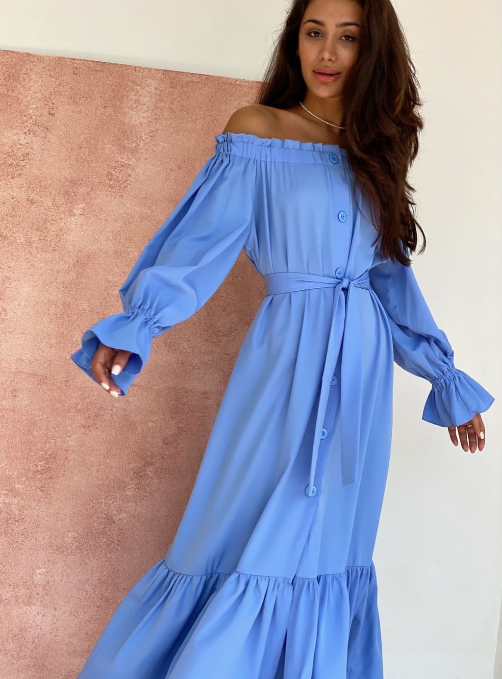 Платье с открытыми плечами голубое - Martichelli фото 7