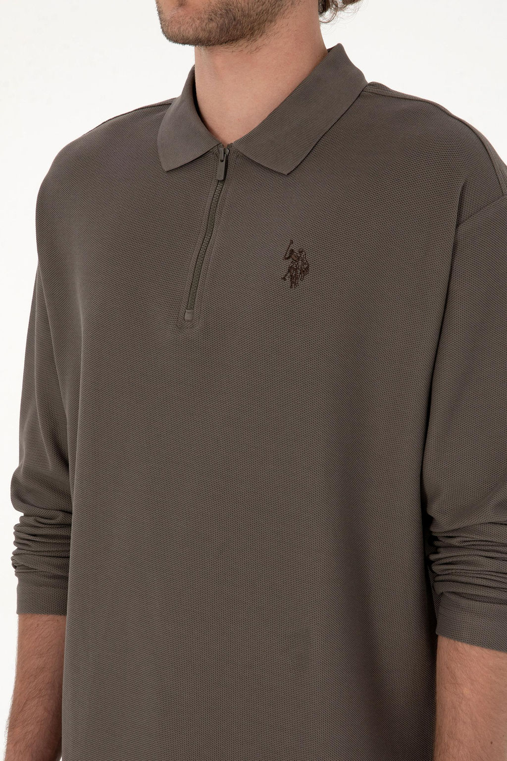 Erkek Comfort Fit Yar_m Fermuarl_ Vizon Sweatshirt