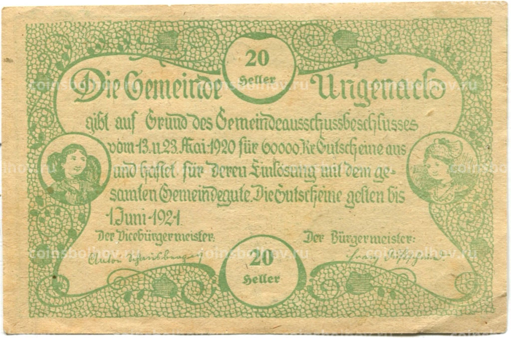 20 геллеров 1920 года Австрия Унгенах (нотгельд)