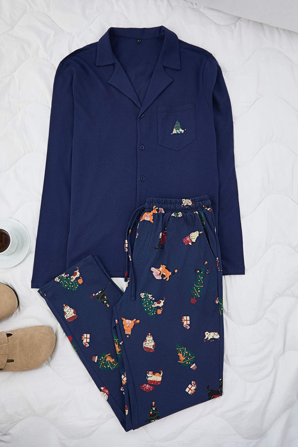 Lacivert Regular Fit Y?lbas? Desenli Couple Orme Pijama Tak?m?