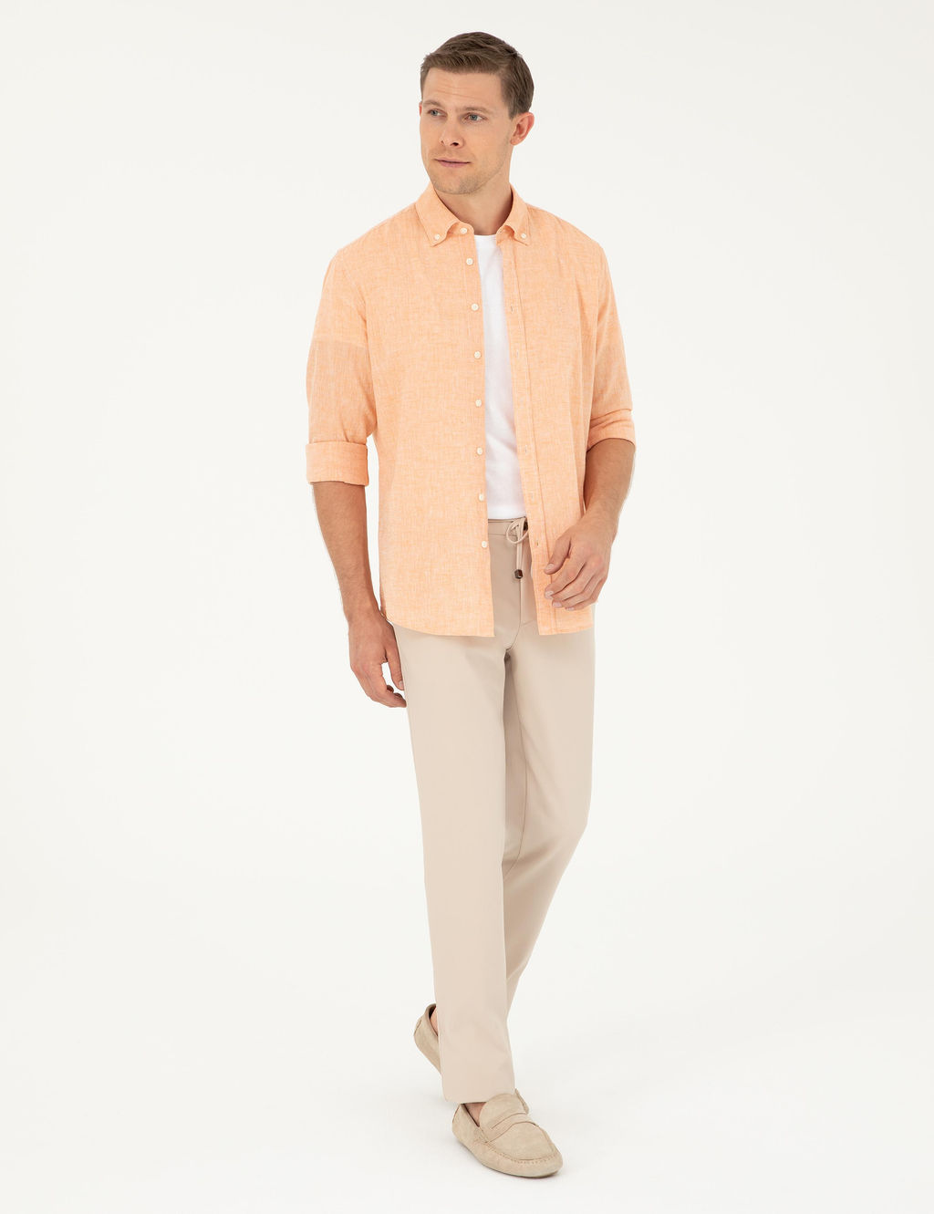 Оранжевая рубашка узкого кроя из смесового льна