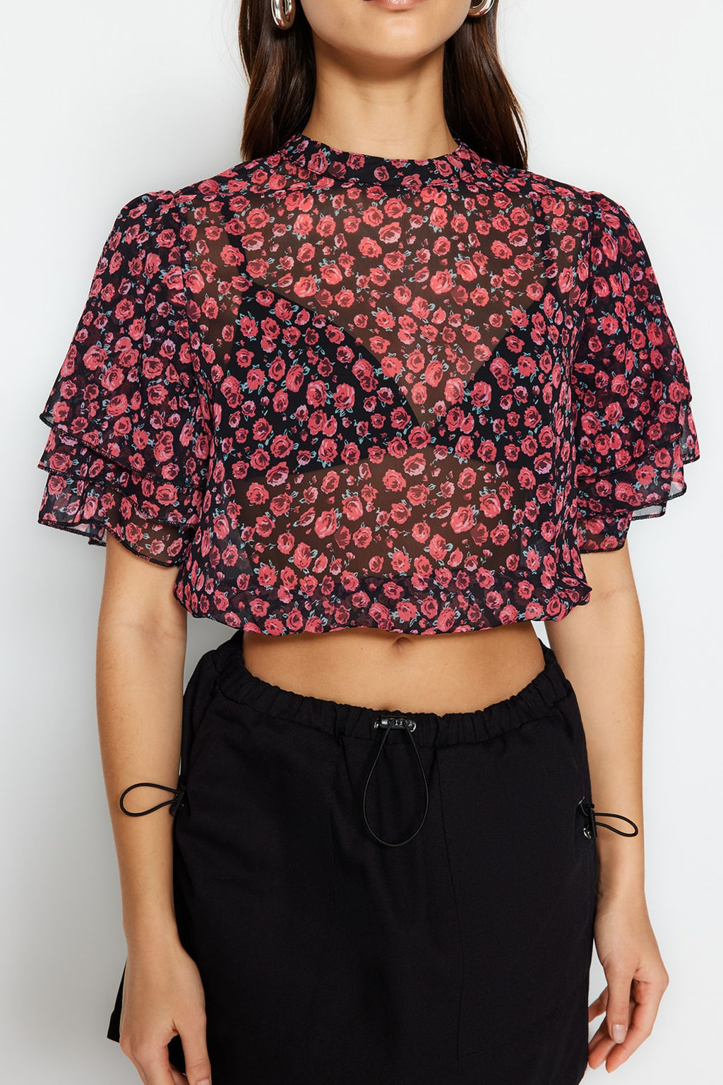 Trendyolmilla Cok Renkli Crop Cicek Desenli Dokuma Bluz TWOSS20BZ1657  фото 3