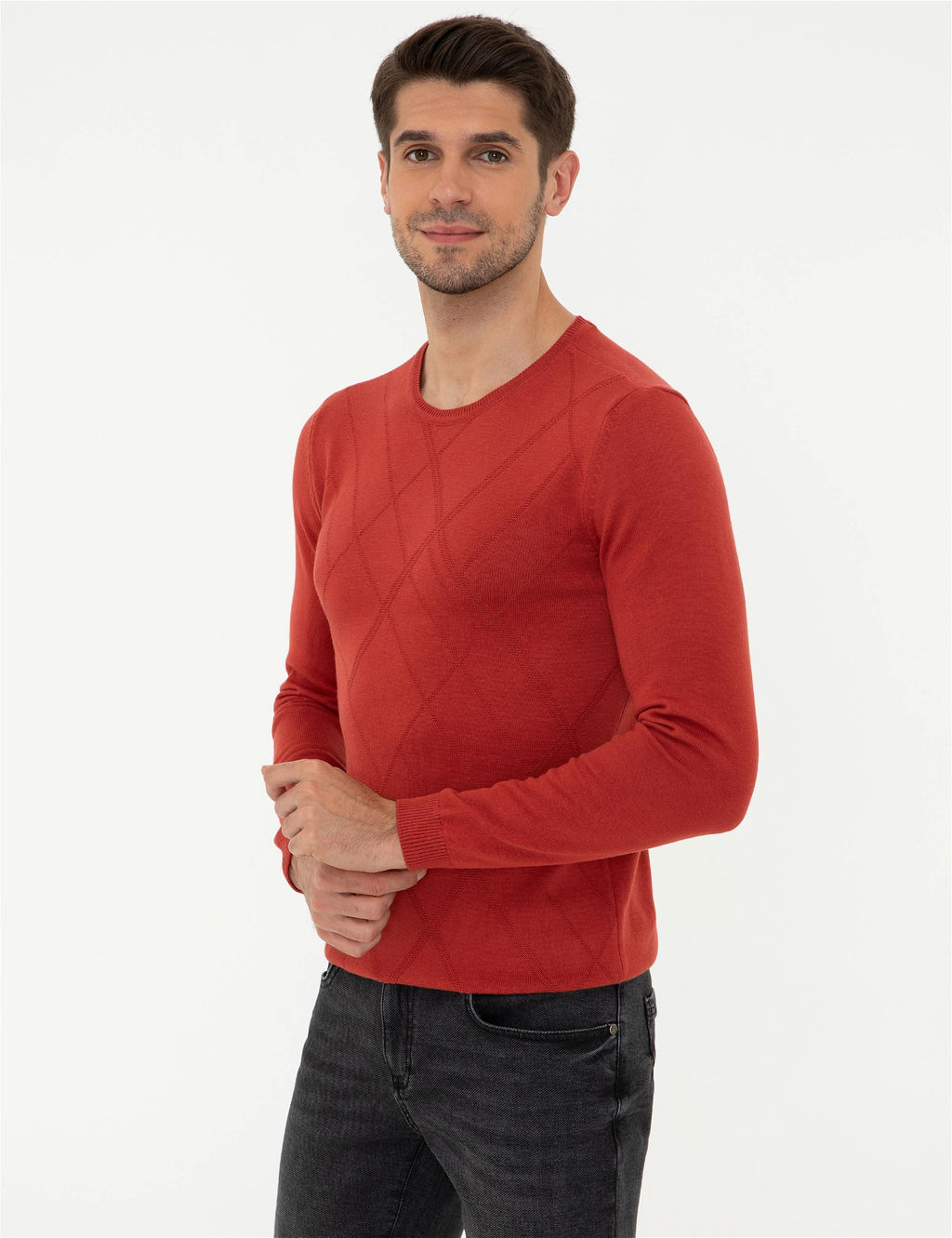 Kiremit Slim Fit Bisiklet Yaka Triko Kazak