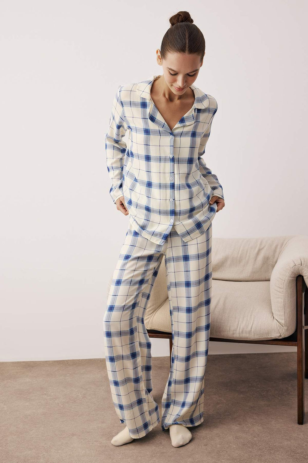 Mavi Ekoseli Viskon Dokuma Pijama Tak?m? THMAW26PT00066