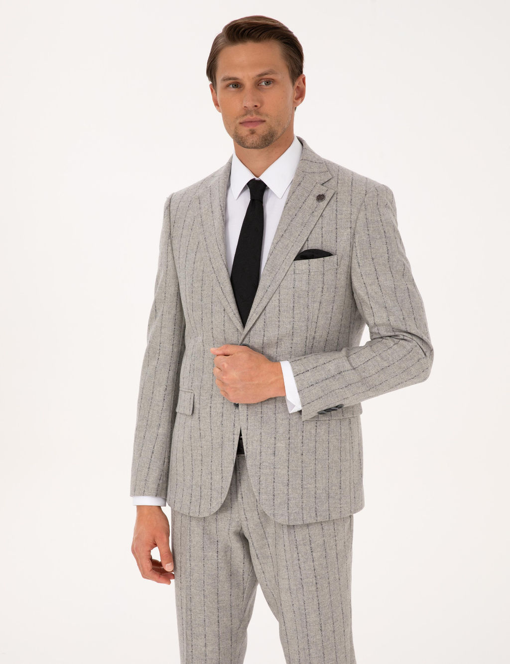 Gri Slim Fit Y_n Ka_mir Kar___ml_ _izgili Tak_m Elbise