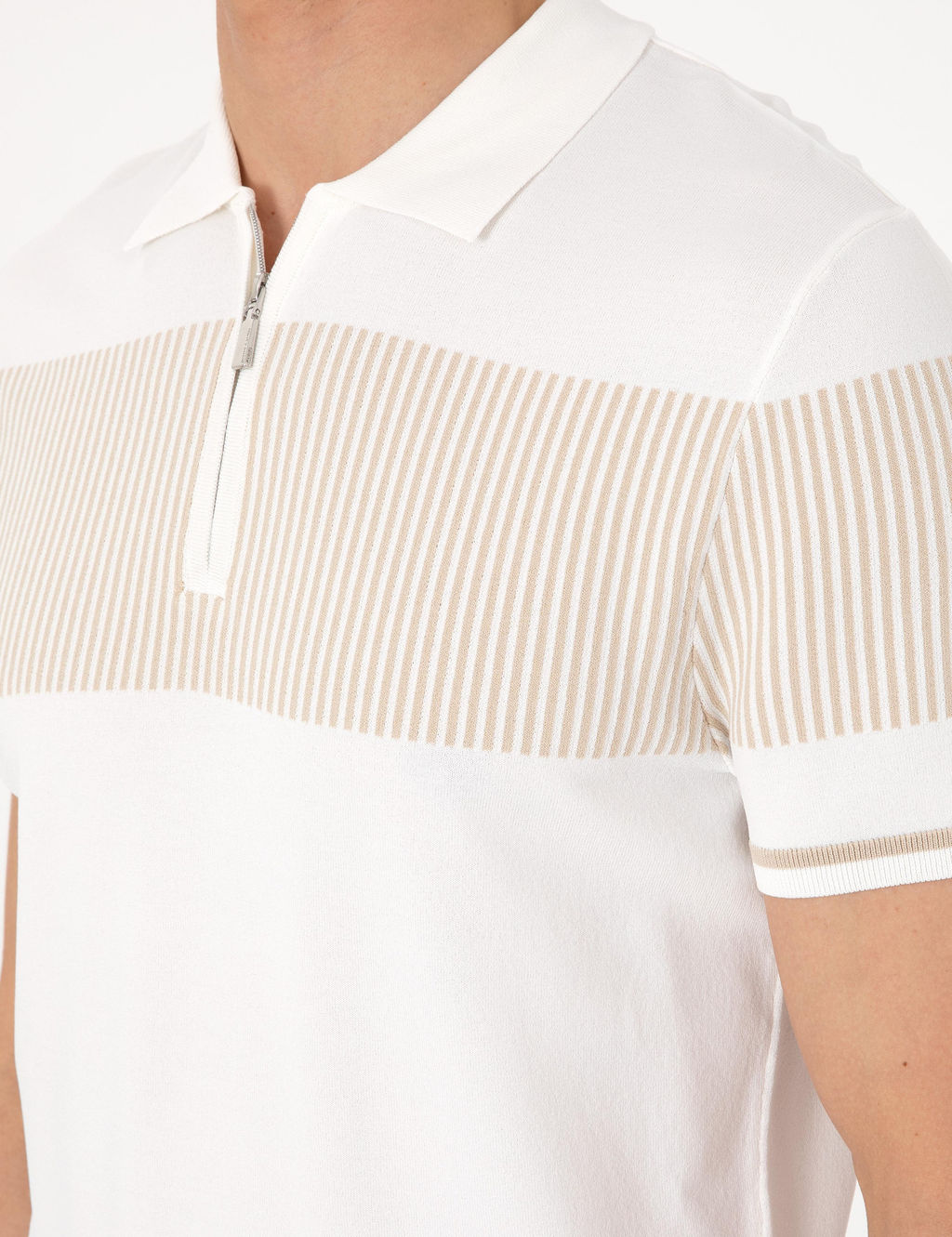 Ekru Slim Fit Fermuarl_ Polo Yaka Triko Ti__rt