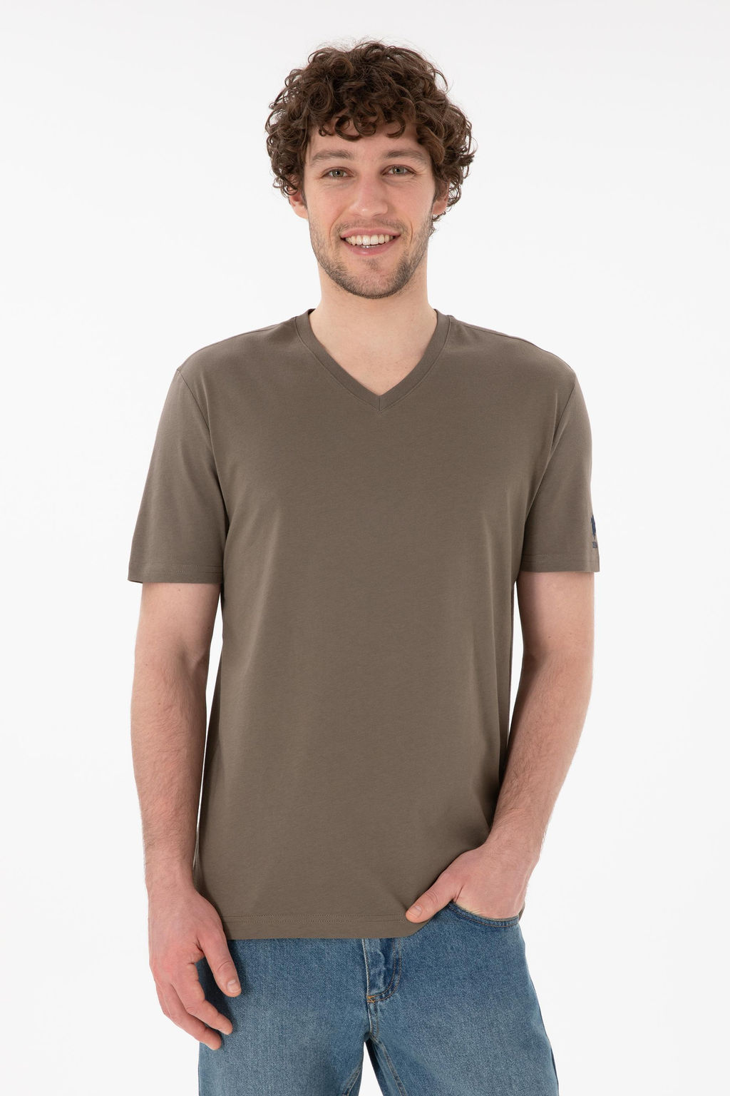 Erkek Regular Fit V Yaka Vizon Basic Ti__rt Sepette S_rpriz _ndirim
